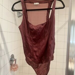 Free People Satin & Mesh Bodysuit in Burgundy